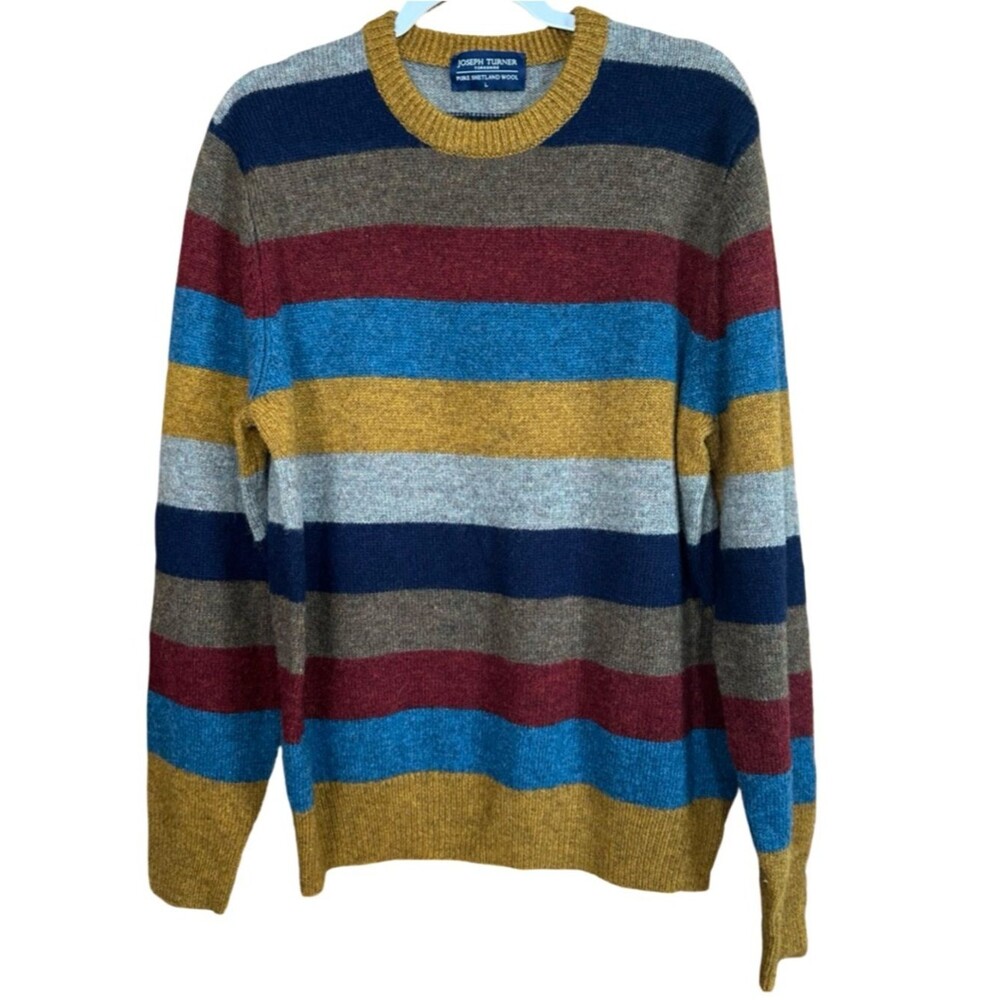 Joseph Turner 100% Shetland Wool Blue Gold Striped Crewneck Sweater Size Large